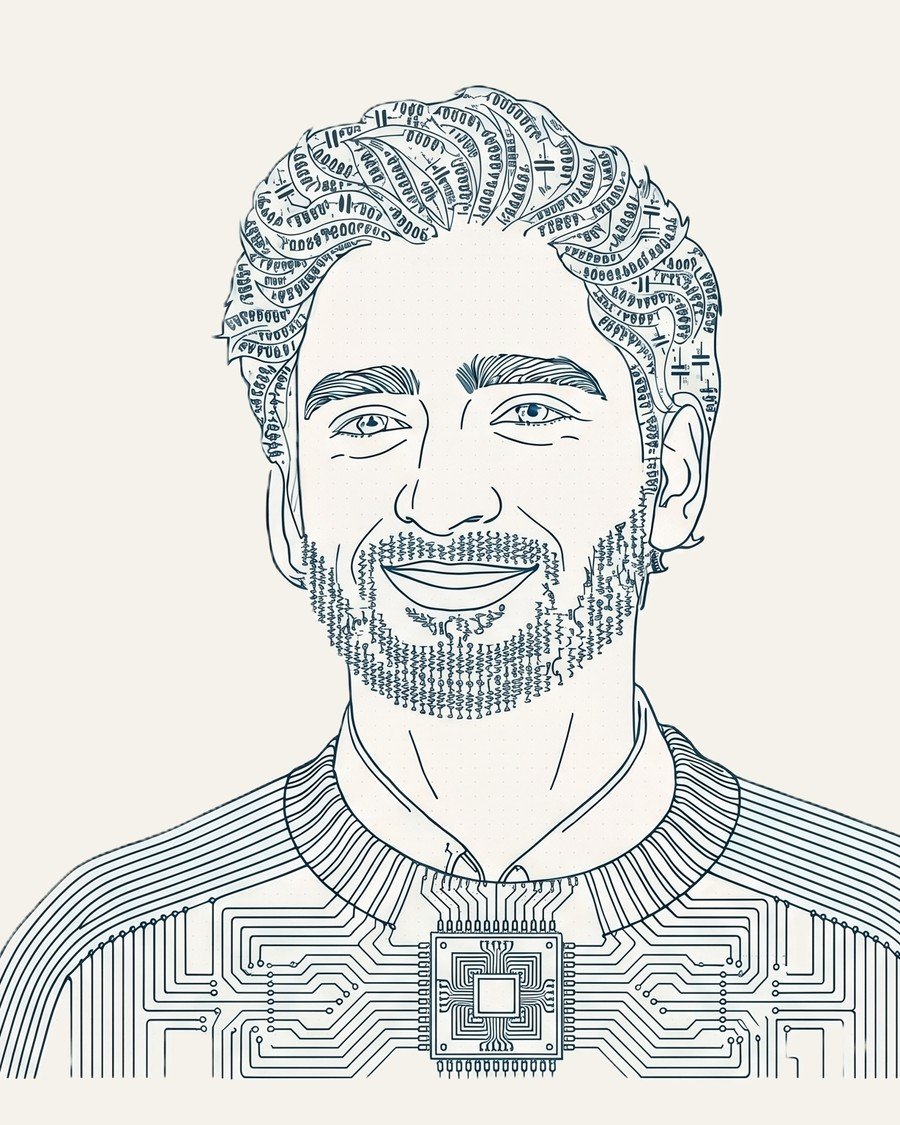 Ahmed Abbas Alvi, mechanical design and robotics engineer in Hong Kong, portrait drawn as a circuit-board schematic